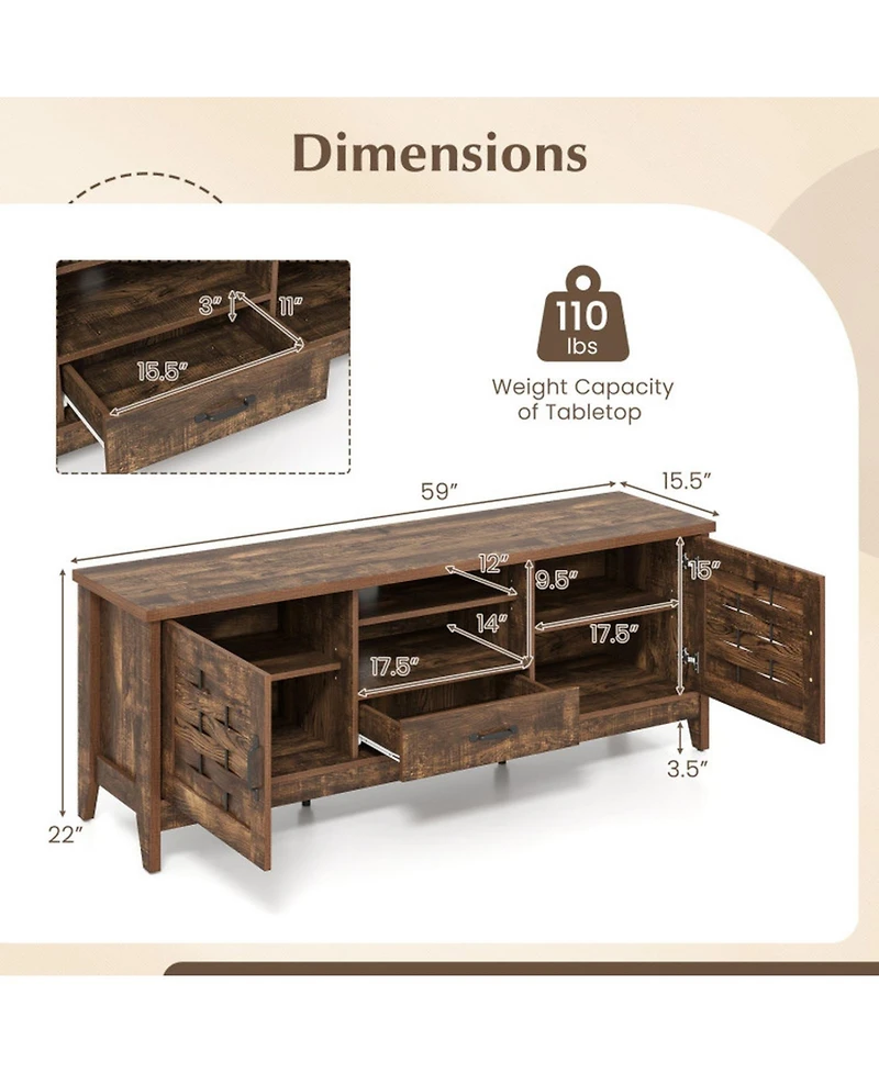 Gouun 59 in Farmhouse Tv Stand with Woven Accent Doors and Adjustable Shelves