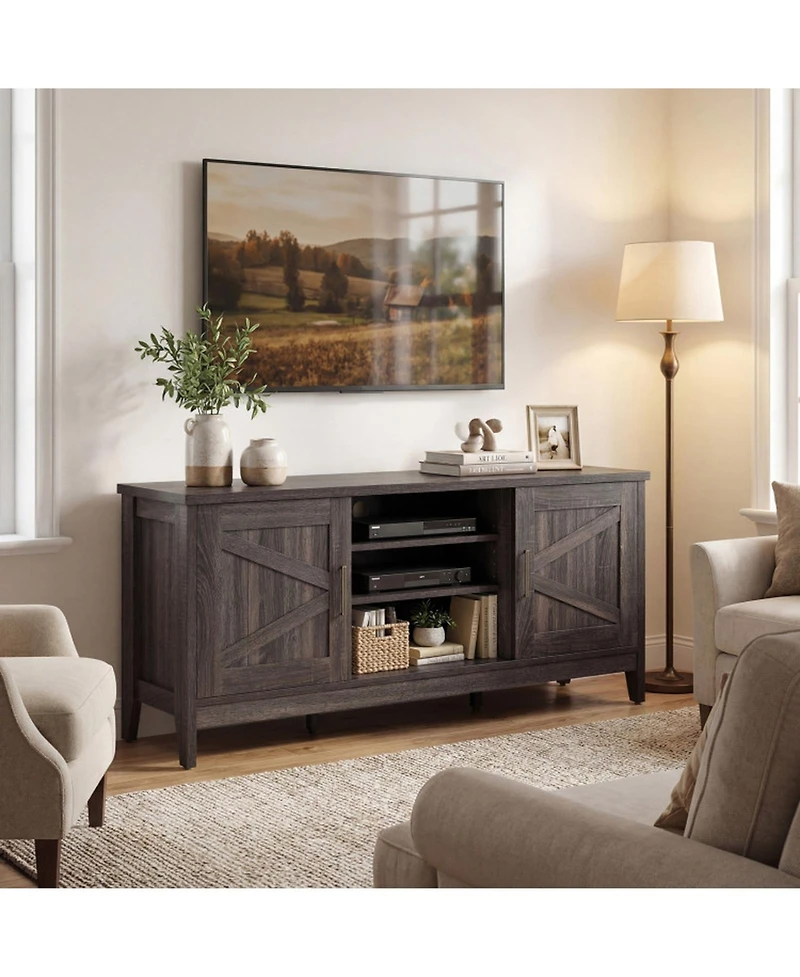 Gouun 54 in Farmhouse Entertainment Center with Barn Doors and Adjustable Shelving
