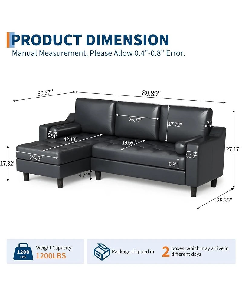 gaomon L-shape sectional sofa with convertible chaise, deep seat design, modern mid-century style, comfy 3-seat leather couch for living rooms.