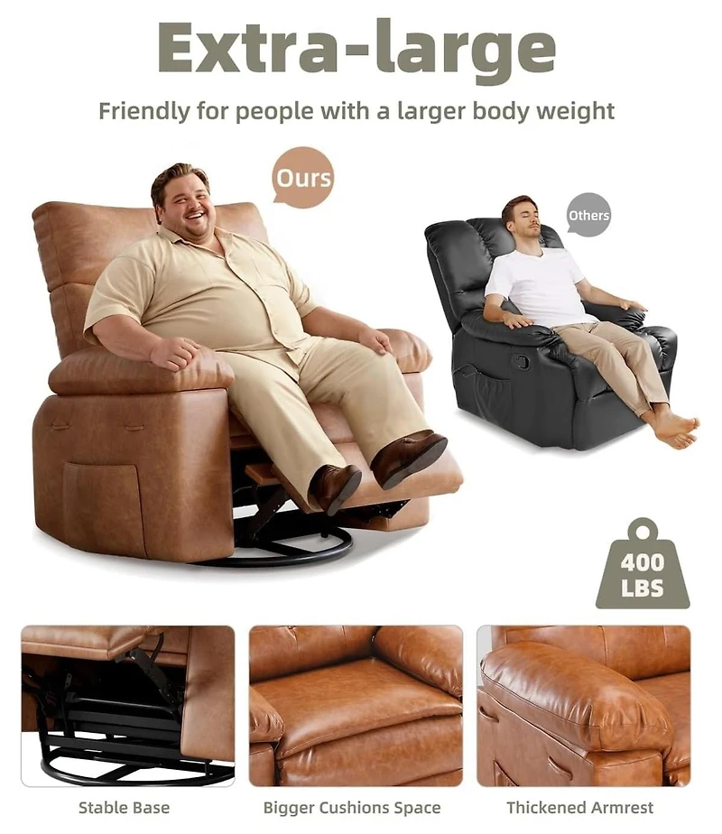 gaomon Swivel Rocking Recliner Chair, Oversized Pu Leather Reclining Nursery Rockers with Heat and Massage, Rocker Chair Pull Handle