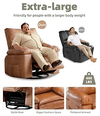 gaomon Swivel Rocking Recliner Chair, Oversized Pu Leather Reclining Nursery Rockers with Heat and Massage, Rocker Chair Pull Handle