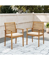 Gouun Set of 2 Acacia Wood Patio Dining Chairs with Slatted Backrest and Cushions