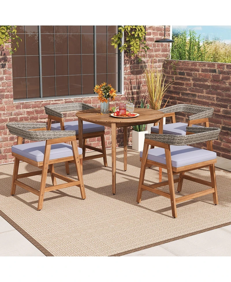 Gouun Set of 4 Acacia Wood Wicker Outdoor Dining Chairs with Seat Cushions