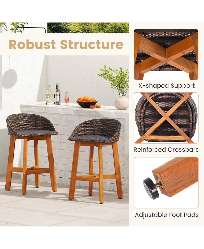 Gouun Set of 2 Acacia Wood and Rattan Outdoor Bar Chairs with Footrests