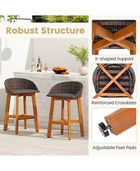 Gouun Set of 2 Acacia Wood and Rattan Outdoor Bar Chairs with Footrests