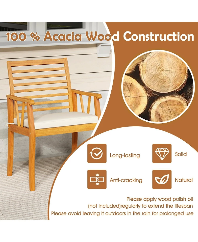 Gouun Set of 2 Acacia Wood Outdoor Dining Armchairs with Removable Cushions