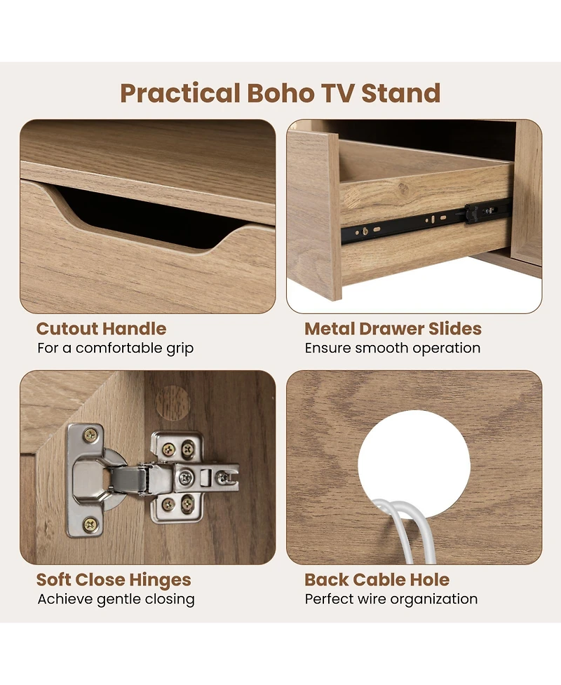 Gouun Boho 52-Inch Pe Rattan Tv Stand with Cabinets and Drawer