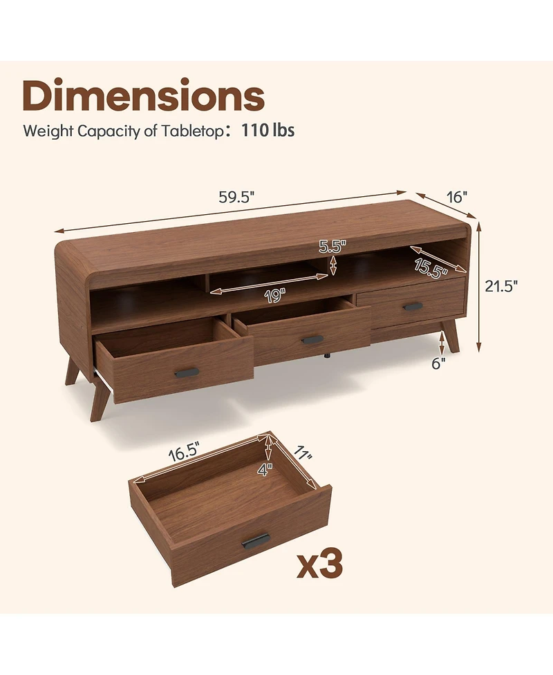 Gouun Mid-Century 59.5-Inch Tv Stand with Three Drawers and Open Shelves