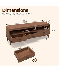 Gouun Mid-Century 59.5-Inch Tv Stand with Three Drawers and Open Shelves