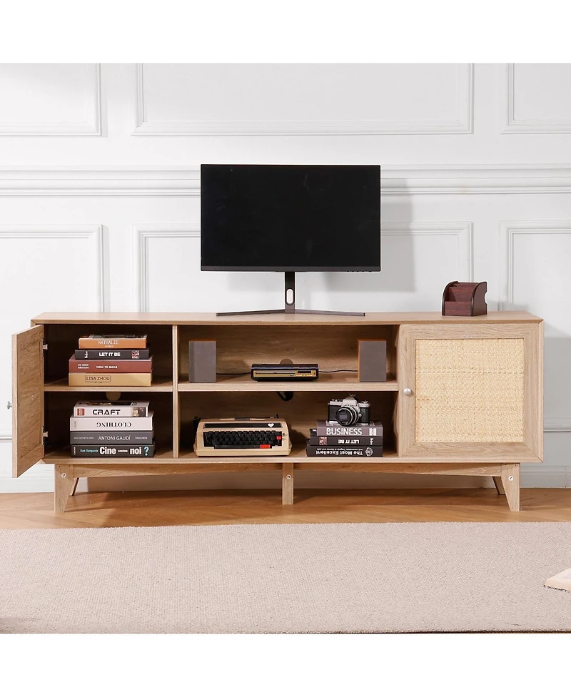 Sugift Rattan Tv Stand, Mid Century Modern, Adjustable Shelfs, with Usb Ports for Living Room