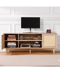 Sugift Rattan Tv Stand, Mid Century Modern, Adjustable Shelfs, with Usb Ports for Living Room
