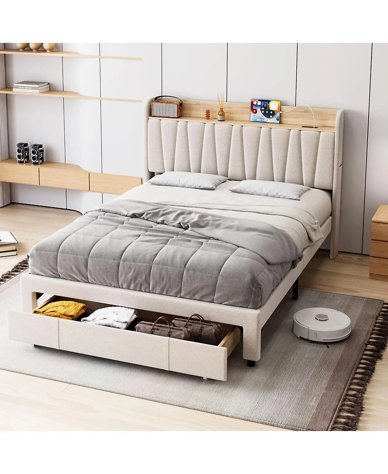 gaomon Bed Frame with Storage Headboard- Upholstered Platform Beds with Drawers-Charging Station-Noise-Free-Easy Assembly-No Box Spring Needed