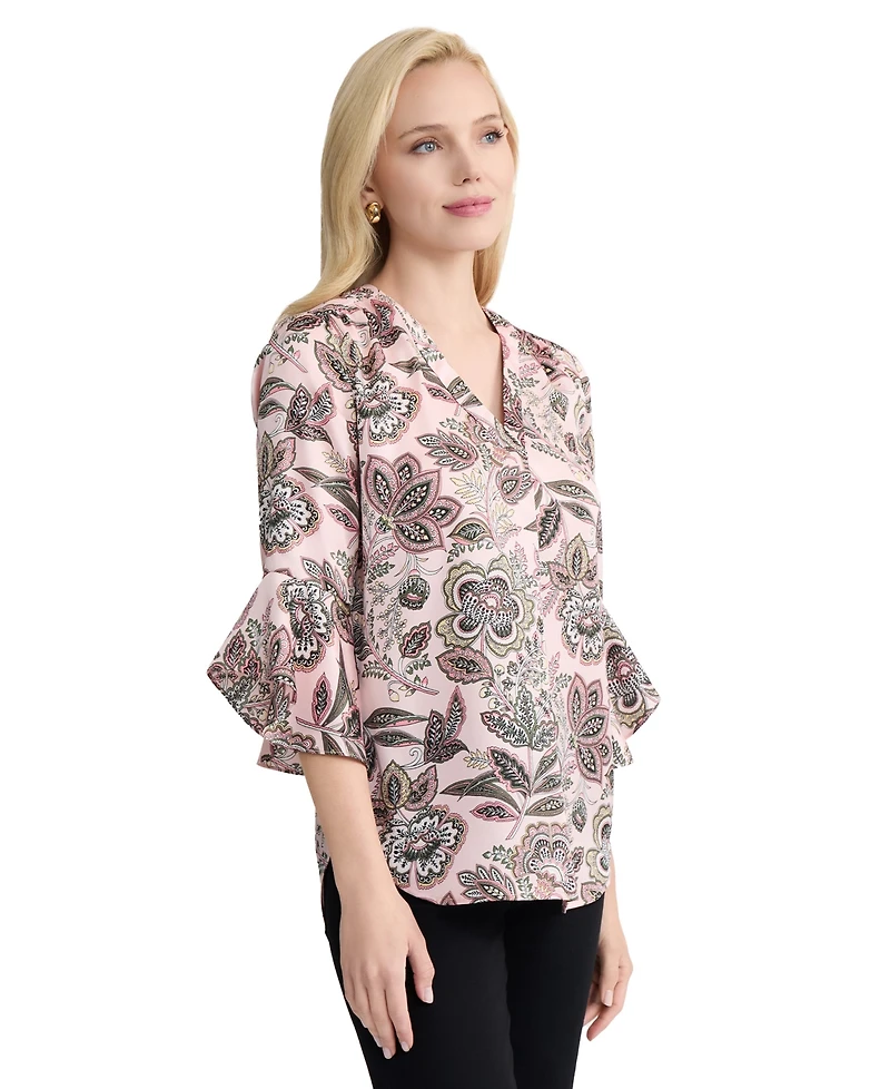 Jones New York Women's Kelly Printed Flutter-Sleeve V-Neck Polyester Blouse