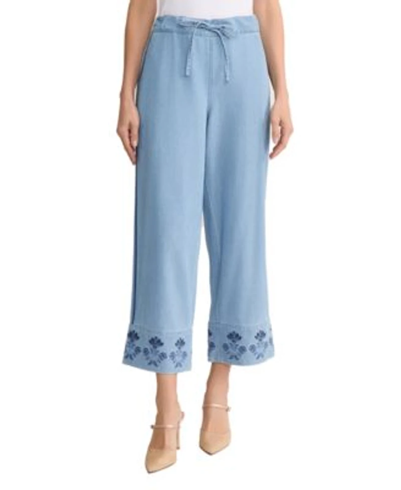 Jones New York Womens Embroidered Wide Leg Cotton Pants