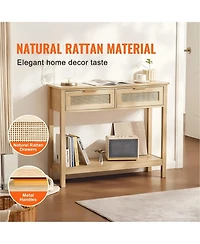 Gouun Rattan Console Table with 2 Drawers and Sliding Door