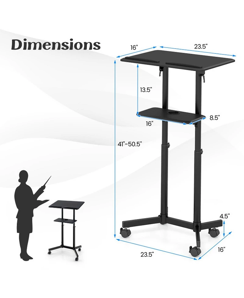 Gouun Rolling Lectern Podium Stand with Tilting Top and Storage Tray