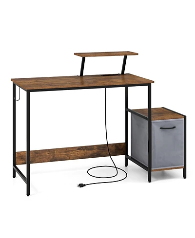 Gouun Reversible Computer Desk with Charging Station, Fabric Storage Drawer and Adjustable Shelf