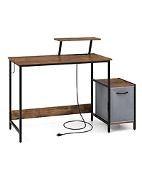 Gouun Reversible Computer Desk with Charging Station, Fabric Storage Drawer and Adjustable Shelf