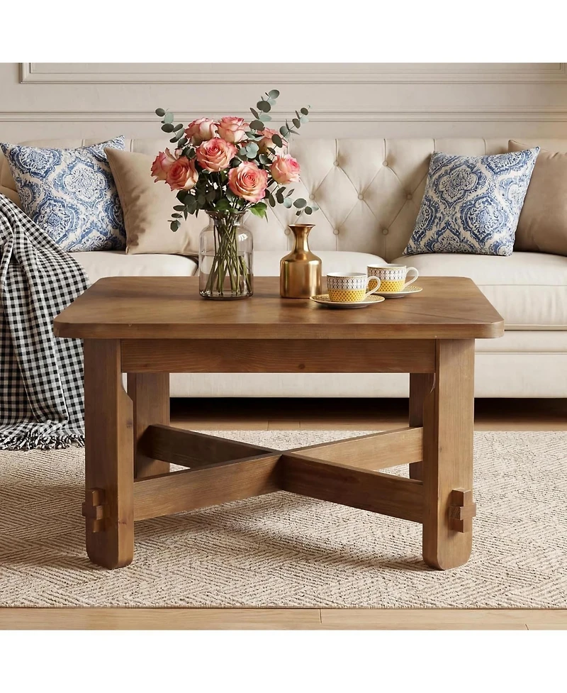 Tribesigns Solid Wood Square Coffee Table, 31.5" Farmhouse Accent Center Table with Sturdy Cross-braced Legs, Mid-Century Modern Tea Cocktail Tables