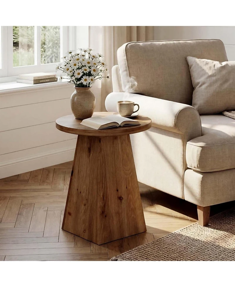 Tribesigns Solid Wood End Table, 19" Round Side Table with Trapezoid Base for Small Spaces, Living Room, Easy Assembly