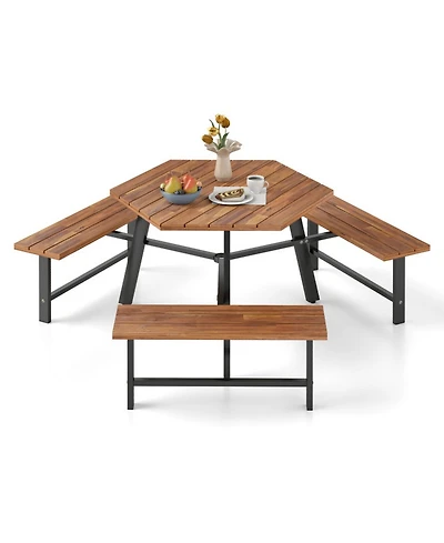 Gouun 6-Person Acacia Wood Picnic Table and 3-Bench Set with Umbrella Hole