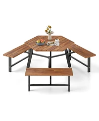 Gouun 6-Person Acacia Wood Picnic Table and 3-Bench Set with Umbrella Hole