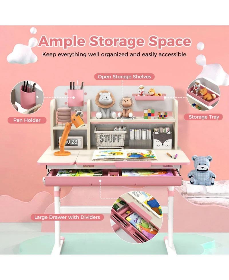 Gouun Kids Height Adjustable Study Desk with Tiltable Desktop, Storage Drawer and Bookshelf