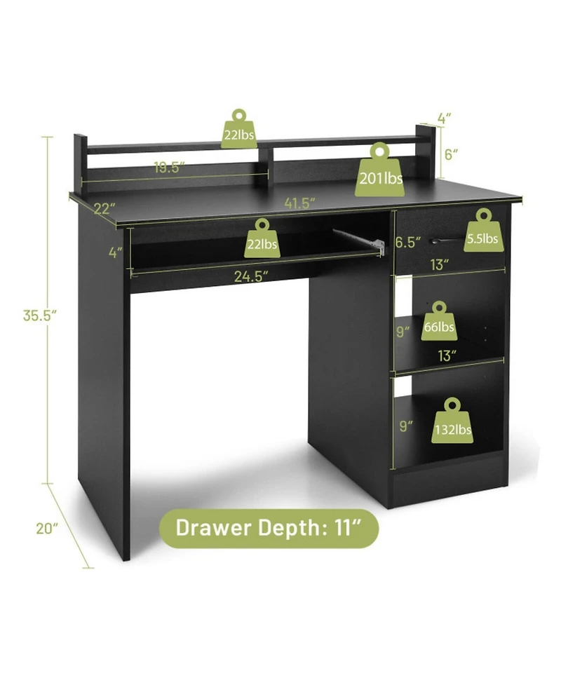 Gouun Laptop Table with Pull-Out Keyboard Tray, 5-Position Adjustable Shelf and Deep Drawer