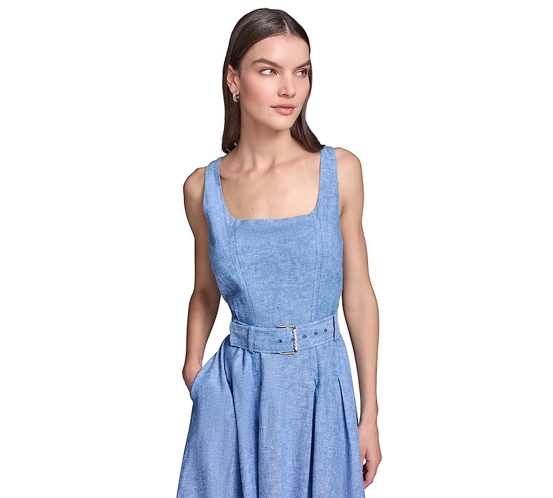 Karl Lagerfeld Paris Women's Fit and Flare Belted Midi Linen Dress