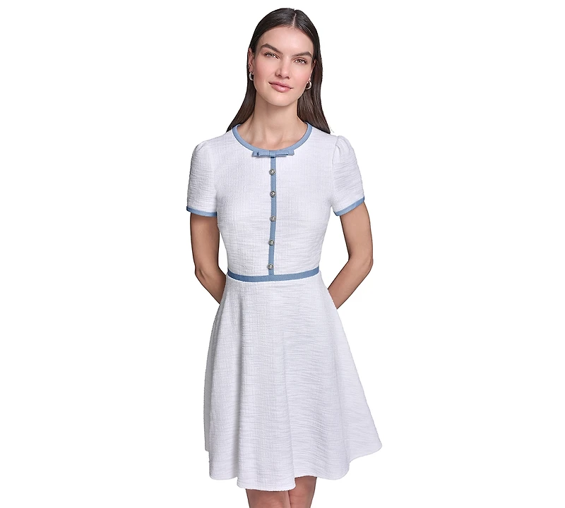 Karl Lagerfeld Paris Women's Knit Tweed A-Line with Framing and Crew Neck Dress