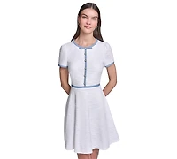 Karl Lagerfeld Paris Women's Knit Tweed A-Line with Framing and Crew Neck Dress