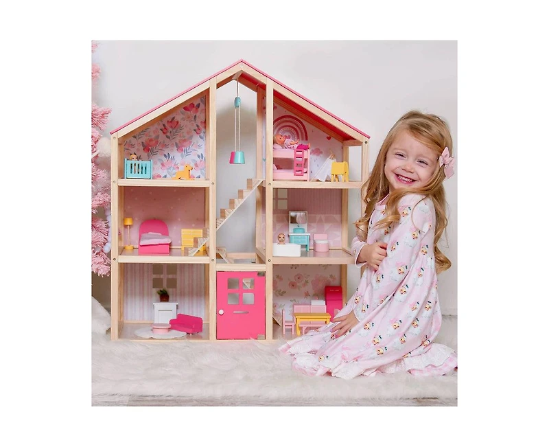Tiny Land Sweetwood Love Dollhouse for Girls without Dolls, Diy Pretend Play 6 Rooms Wooden Doll House