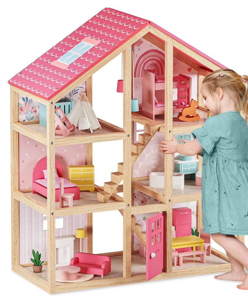 Tiny Land Sweetwood Love Dollhouse for Girls without Dolls, Diy Pretend Play 6 Rooms Wooden Doll House
