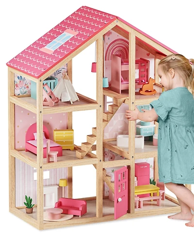 Tiny Land Sweetwood Love Dollhouse for Girls without Dolls, Diy Pretend Play 6 Rooms Wooden Doll House