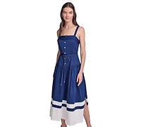 Karl Lagerfeld Paris Women's Cotton Midi with Contrast Border & Rope Tie Belt Dress