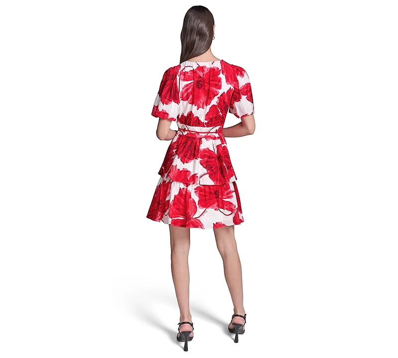 Karl Lagerfeld Paris Women's Crinkle Woven Puff Sleeve Fit and Flare Dress