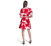 Karl Lagerfeld Paris Women's Crinkle Woven Puff Sleeve Fit and Flare Dress