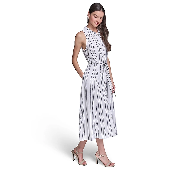 Karl Lagerfeld Paris Women's Striped Linen Midi with Rope Belt Shirtdress