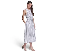 Karl Lagerfeld Paris Women's Striped Linen Midi with Rope Belt Shirtdress