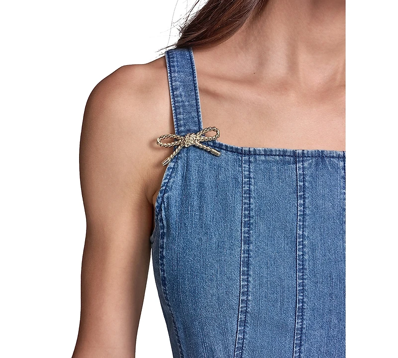 Karl Lagerfeld Paris Women's Chambray Fit & Flare Midi with Bow Pins Dress