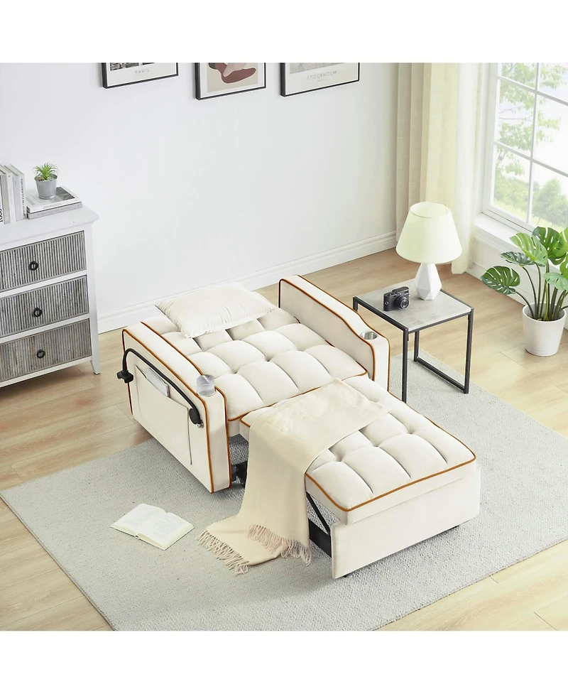 Rainsken Convertible Pull Out Sofa Bed, Modern Single Recliner with Adjustable Back, Usb Port, Ashtray and Rotating Phone Stand for Home Living Room