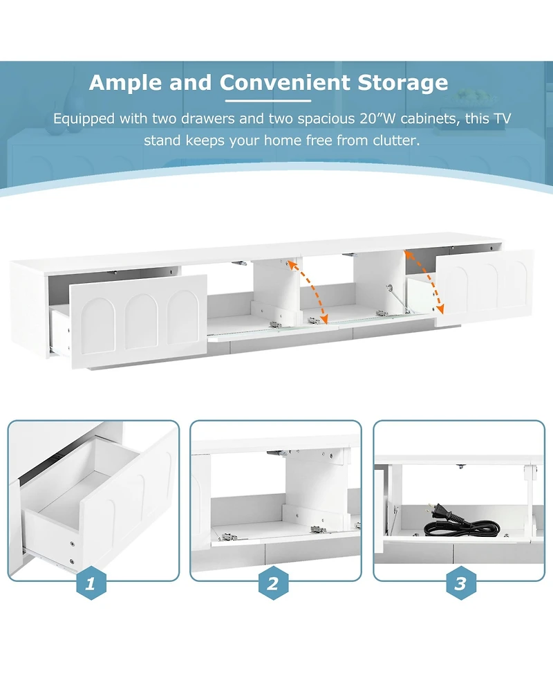 Rainsken Tv Stand with Fluted Tempered Glass Doors for TVs , Media Console Table with App-Controlled Led Light for Living Room