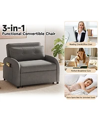 Rainsken Convertible Sleeper Sofa Bed, Soft Cotton Linen Sleeper Chair with Pillow and Side Pocket, Upholstered Folding Couch for Living Room