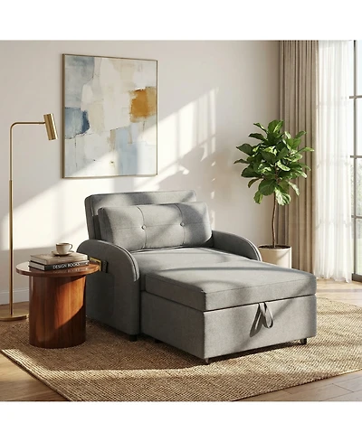 Rainsken Convertible Sleeper Sofa Bed, Soft Cotton Linen Sleeper Chair with Pillow and Side Pocket, Upholstered Folding Couch for Living Room