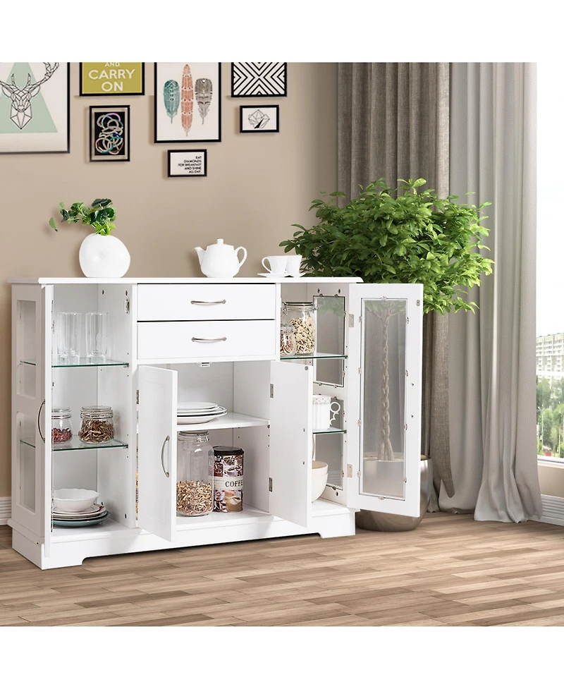 Gouun Sideboard Buffet Server Storage Cabinet with 2 Drawers and Glass Doors, 42 x 11.5 x 32