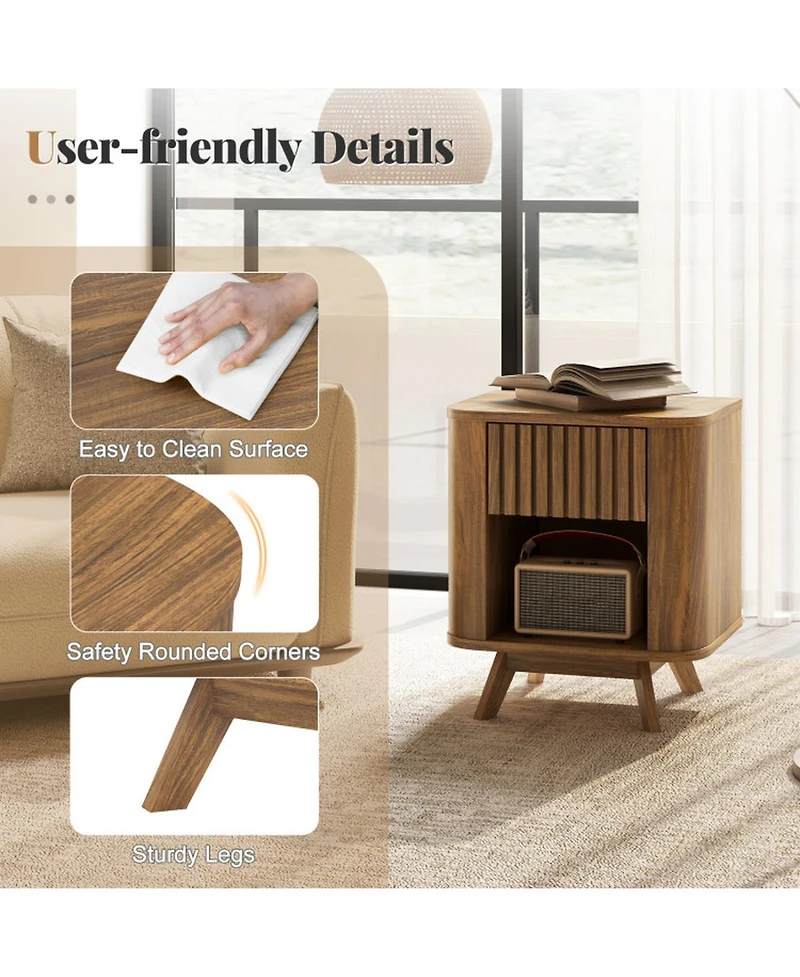 Gouun Mid-Century Wood Nightstand with Drawer and Open Shelf