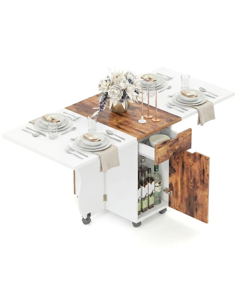 Gouun 3-in-1 Folding Drop Leaf Dining Table with Drawers, Cabinets, and Lockable Wheels