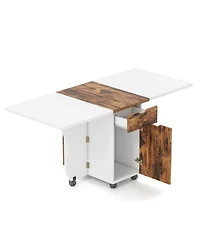 Gouun 3-in-1 Folding Drop Leaf Dining Table with Drawers, Cabinets, and Lockable Wheels