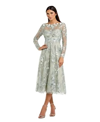 Mac Duggal Women's Floral Embroidered Long Sleeve Midi Dress