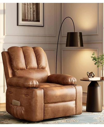 gaomon 22" Rocker Recliner Chair, Lazy Boy Recliner Chair with 1.5X Sponge Filling, Pu Leather Swivel Recliner with Side Pockets and Cup Holders